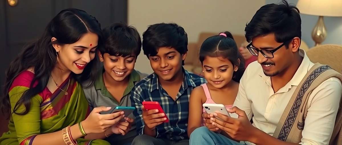 Indian family playing Fennel Rune Mysteries together on different devices, showing multi-generational appeal