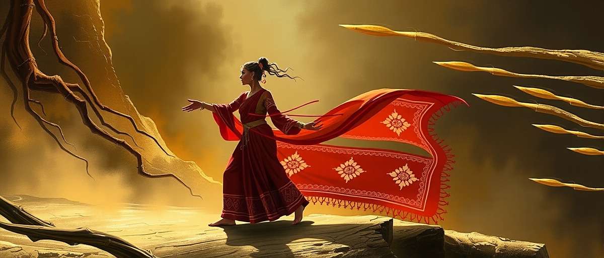 Concept art for Fennel Rune Mysteries upcoming dance integration feature showing character performing Bharatanatyam movements with corresponding rune patterns