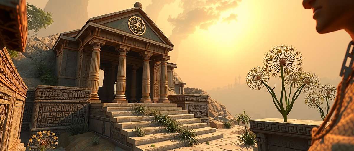 Fennel Rune Mysteries game world showing ancient Indian temple with runic inscriptions and fennel plants growing around it