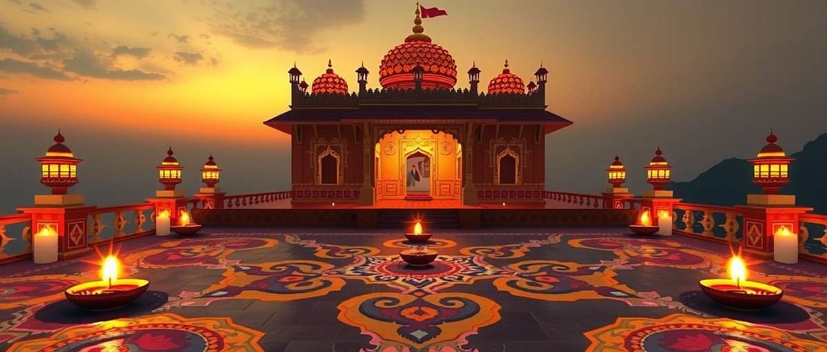 Fennel Rune Mysteries Diwali event showing illuminated temple with virtual diyas and rangoli patterns forming puzzle grids