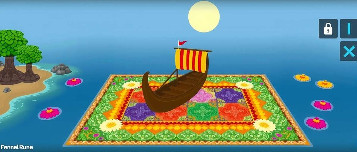 Fennel Rune Mysteries Onam event showing pookalam flower carpet puzzle grid and virtual boat race minigame
